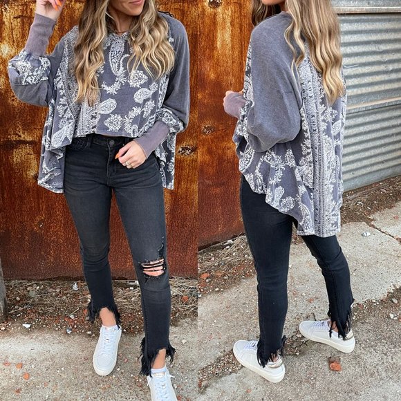 NEW Free People True Perfection Paisley Printed Long Sleeve High Low Top $98 L - Picture 8 of 9